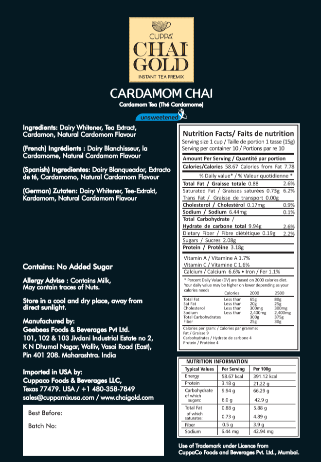 Chai Gold Instant Cardamom Chai Unsweetened (10 Count)