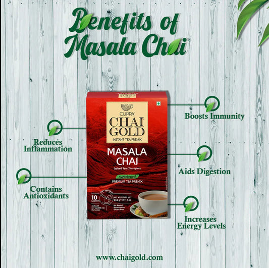 Chai Gold Instant Masala Chai Sweetened 500g packaging highlighting benefits like boosting immunity and aiding digestion.