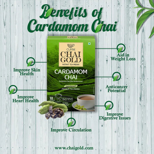 Benefits of instant cardamom chai tea including skin health, weight loss, and circulation improvements.