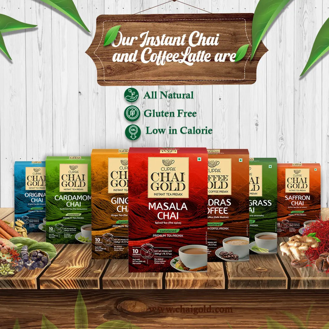 Chai Gold products showcasing instant cardamom chai tea and other all natural, gluten-free options.
