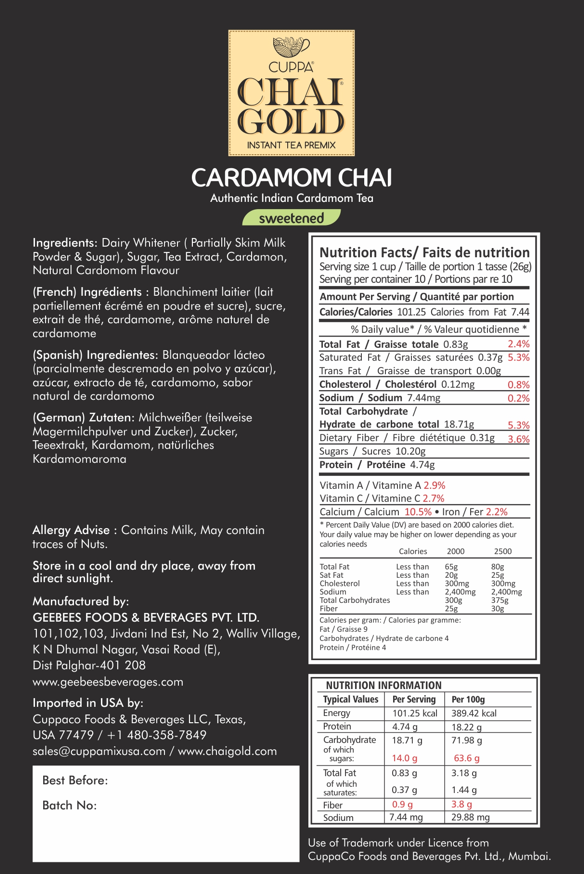 Chai Gold Instant Cardamom Chai Sweetened (10 Count) - Chai Gold