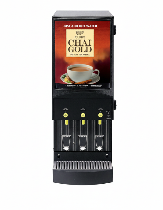 Chai Gold 3 Lane UL Listed Machine, a UL listed specialty beverage dispenser for instant tea preparation.