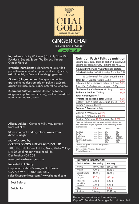 Chai Gold Instant Ginger Chai Sweetened (10 Count) - Chai Gold