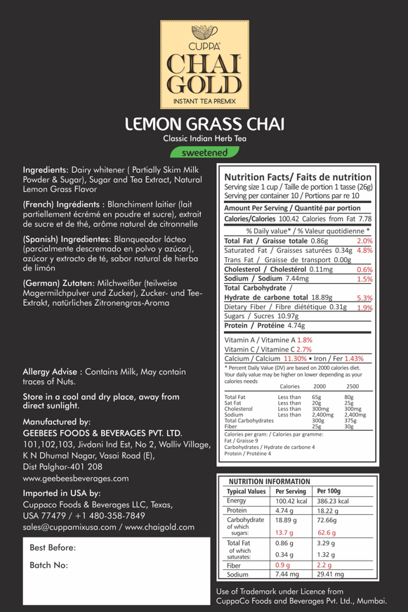 Chai Gold Instant Lemon Grass Chai Sweetened (10 Count) - Chai Gold